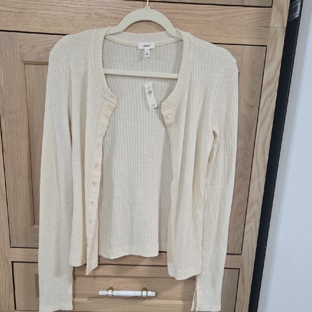 Aerie Cream Ribbed Cardigan With Sparkles